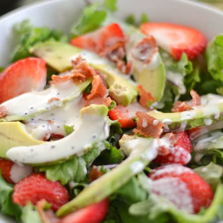 Strawberry Avocado Kale Salad with Bacon Poppy Seed Dressing