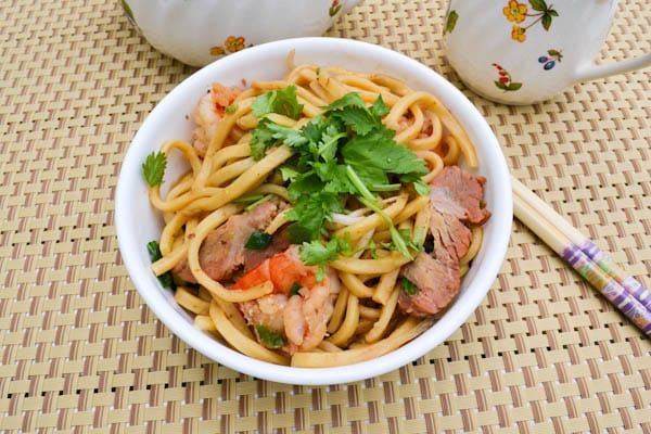 Shanghai Noodles with BBQ Pork and Prawns