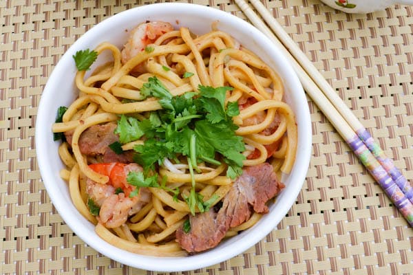 Shanghai Noodles with BBQ Pork and Prawns