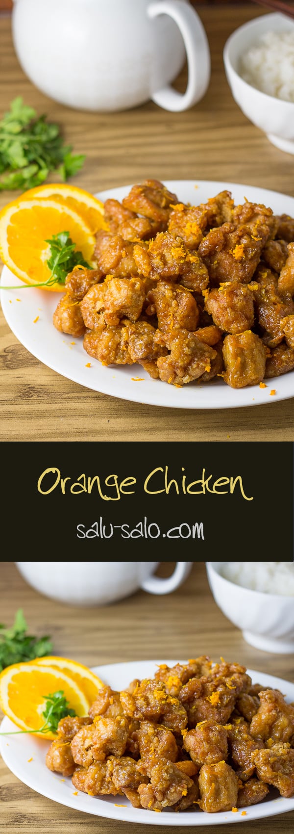 Orange Chicken served with orange slices and orange zest