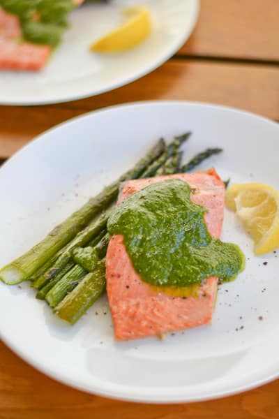 Baked Marinated Salmon Fillet with Basil Walnut Pesto