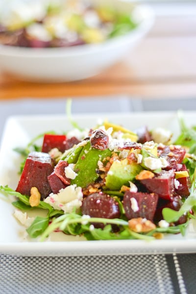 Beet, Avocado and Goat Cheese Arugula Salad