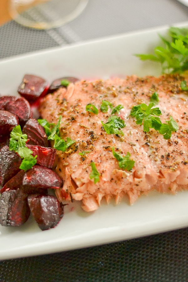 Spiced-Crusted Roast Salmon with Ginger Beets