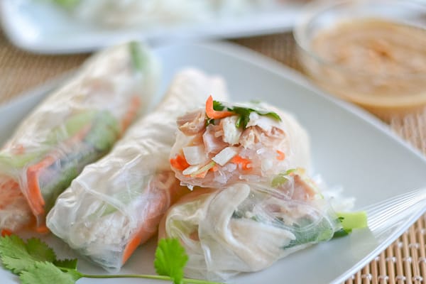 Chicken and Jicama Salad Rolls with Peanut Dipping Sauce