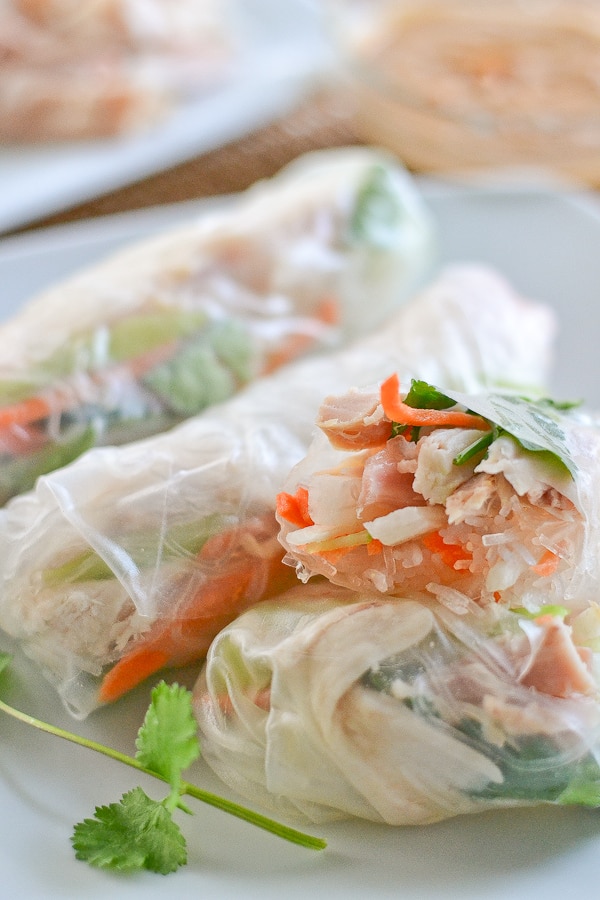 Chicken and Jicama Salad Rolls with Peanut Dipping Sauce