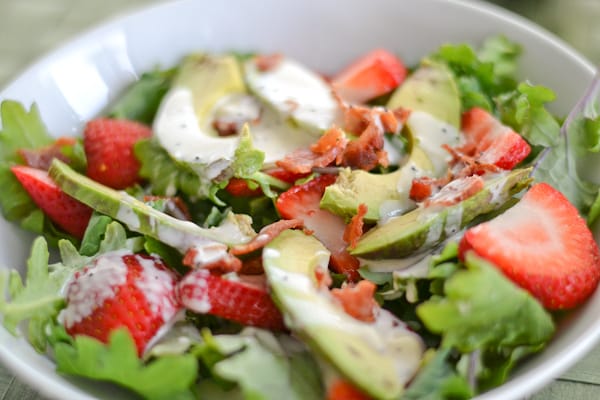 Strawberry Avocado Kale Salad with Bacon Poppy Seed Dressing