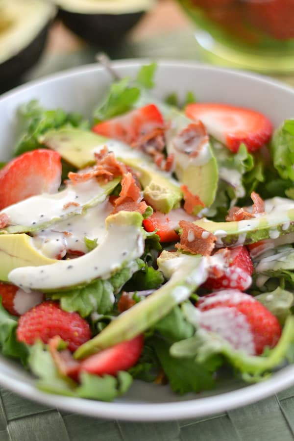 Strawberry Avocado Kale Salad with Bacon Poppy Seed Dressing