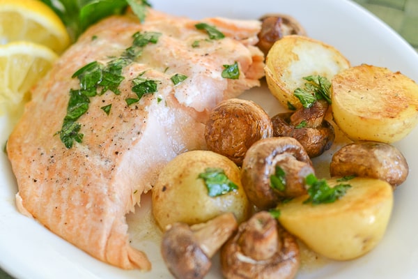 Roasted Salmon with Potatoes and Mushrooms