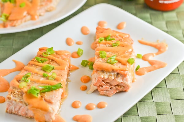 Baked Salmon Teriyaki with Sriracha Cream Sauce