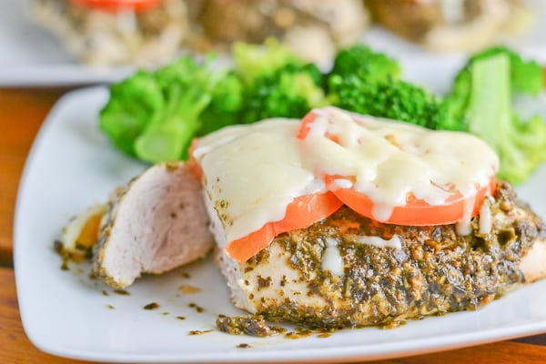 Baked Pesto Chicken with Tomato and Mozzarella Cheese 