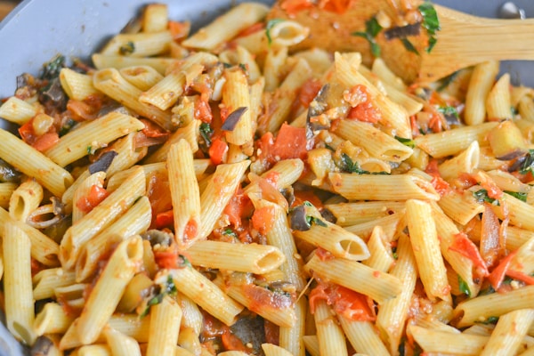 Penne with Eggplant, Tomato & Basil