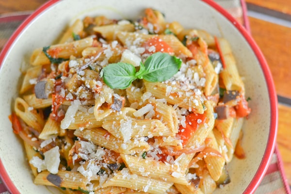 Penne with Eggplant, Tomato & Basil