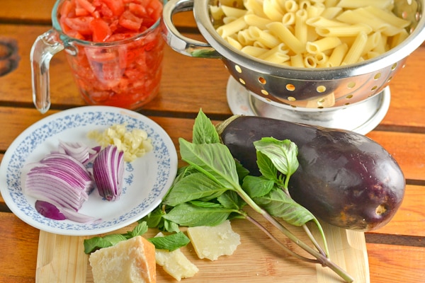 Penne with Eggplant, Tomato & Basil