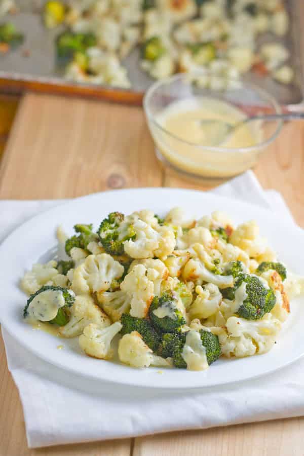 Roasted Cauliflower and Broccoli with Honey Mustard Sauce