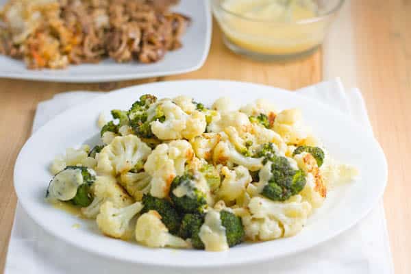 Roasted Cauliflower and Broccoli with Honey Mustard Sauce