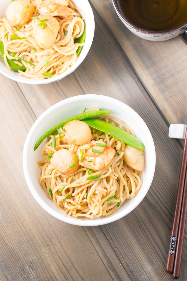 In this stir fried scallop and shrimp noodles dish, scallop & shrimp was marinated in soy sauce, sherry, sesame oil & vegetable oil and then stir-fried