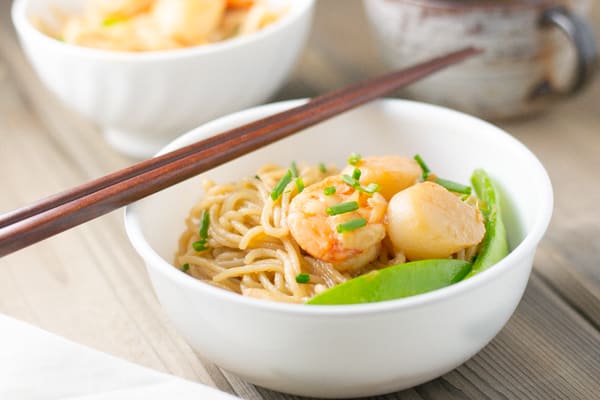 In this stir fried scallop and shrimp noodles dish, scallop & shrimp was marinated in soy sauce, sherry, sesame oil & vegetable oil and then stir-fried