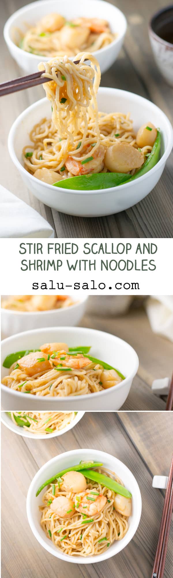In this stir fried scallop and shrimp noodles dish, scallop & shrimp was marinated in soy sauce, sherry, sesame oil & vegetable oil and then stir-fried