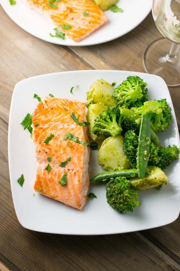 Pan Fried Salmon with Pesto Dressed Vegetables - Salu Salo Recipes