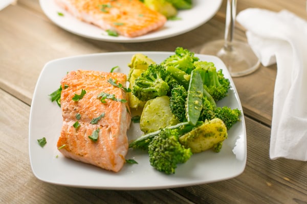Pan Fried Salmon with Pesto Dressed Vegetables