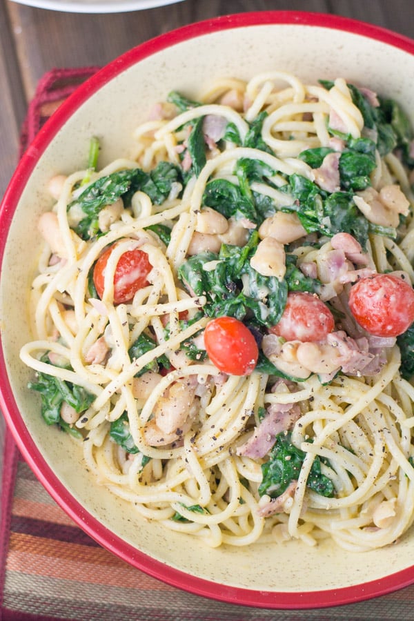 Summertime Carbonara with Tomatoes, Bacon & Beans