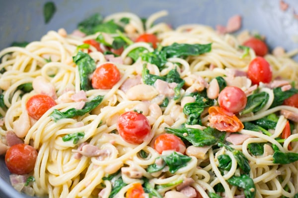 Summertime Carbonara with Tomatoes, Bacon & Beans