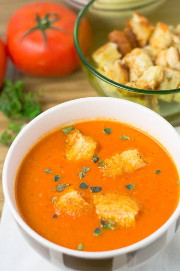 Tomato Soup with Grilled Cheese Croutons