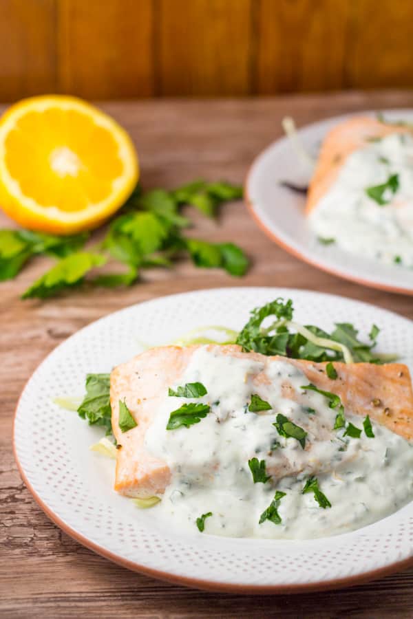 Roasted Salmon with Yogurt Caper Sauce