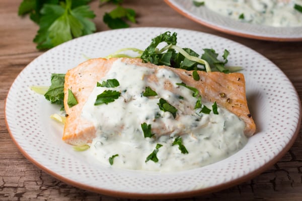 Roasted Salmon with Yogurt Caper Sauce