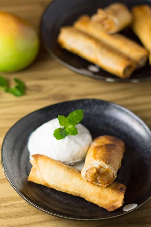 Apple cinnamon turon serving suggestion with ice cream